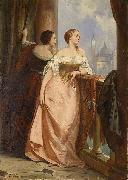 Edouard Hamman Zwei Damen am Balkon, im Hintergrund San Giorgio Maggiore, Venedig oil on canvas